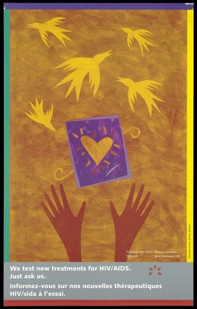 A pair of hands, a heart and birds in flight representing an advertisement for the Canadian HIV Trials Network. Colour lithograph by Beverly Deutsch.