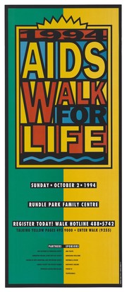 The AIDS Walk for Life on Sunday October 2nd 1994 at Rundle Park Family Centre, Edmonton, Canada. Colour lithograph by Robert Falconer and Cheryl Lieberman.