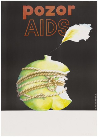 An apple that has been bitten into is tied up with a knotted rope to prevent further bites; representing precautions against AIDS. Colour lithograph after R. Vlachová, 1993.