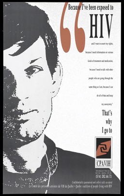 A man with HIV explaining why he uses the CPAVIH, Comité des personnes atteintes du VIH du Québec. Colour lithograph.