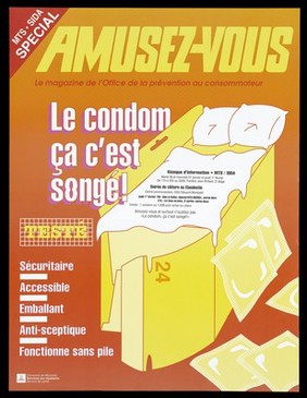 A bed inside a packaging box bearing the number '24' with numerous packets of condoms; advertisement for safe sex by the Université de Montréal Services aux étudiants. Colour lithograph.