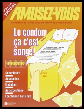 A bed inside a packaging box bearing the number '24' with numerous packets of condoms; advertisement for safe sex by the Université de Montréal Services aux étudiants. Colour lithograph.