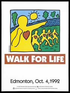 Silhouettes of people with hearts walking representing an advertisement for the AIDS Walk for Life in Edmonton Canada, Sunday Oct 4 1992. Colour lithograph after Keith Haring.