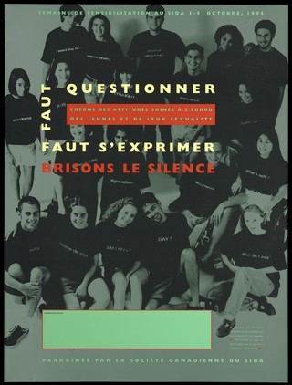A group of men and women wearing t-shirts bearing AIDS-related logo's including 'condom' and 'Am I HIV?'; an advertisement for AIDS Week on October 3-9, 1994 by La Société Canadienne du SIDA. Colour lithograph by Daniel Collins.