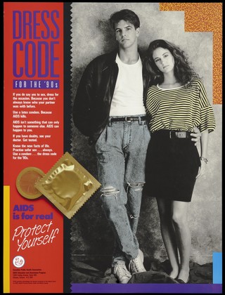 A man and woman with their arms around each other as they lean against a wall with a condom representing an advertisement for safer sex 'dress code' for the '90's; Recto: French version; advertisement by the Canadian Public Health Association. Colour lithograph.