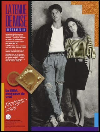 A man and woman with their arms around each other as they lean against a wall with a condom representing an advertisement for safer sex 'dress code' for the '90's; Recto: English version; advertisement by the Canadian Public Health Association. Colour lithograph.