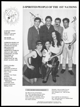 Men and women from the 2-Spirited People of the 1st Nations, an organization of aboriginal lesbians and gay men who are involved in the fight against AIDS. Lithograph, 1993.