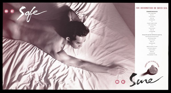 A condom and a man lying on a bed with one arm in front representing an advertisement for safe sex by the AIDS Committee of Toronto. Colour lithograph.