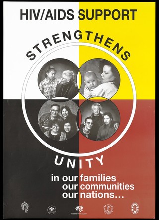 Four groups of families representing native North Americans' united support against HIV/AIDS by the Chiefs of Ontario. Colour lithograph.