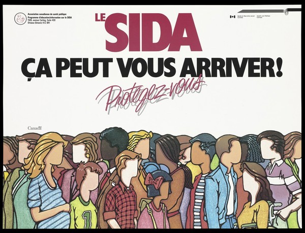 People from different ethnic origins in Canada; advertising the Canadian Public Health Association AIDS Education and Awareness Program for French and English speakers. Colour lithograph.