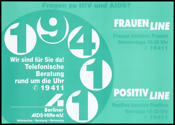 The dial of a telephone; advertising the telephone helpline run by Berliner AIDS-Hilfe for women and HIV-positive people. Colour lithograph, 1996.