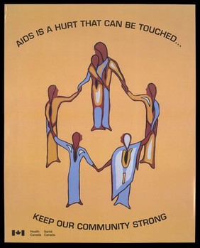 Five gowned figures join hands to form a circle representing a strong community fighting against AIDS by Health Canada. Colour lithograph.