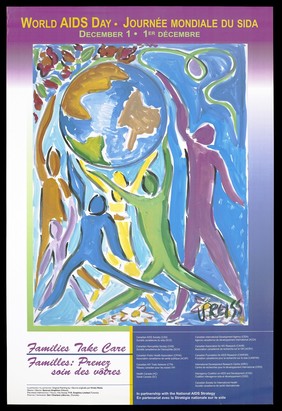 Painted figures reach up towards the world representing an advertisement for World AIDS Day, December 1st, by the National AIDS Strategy [Canada]. Colour lithograph by Vivian Reiss and Quorum Graphics.