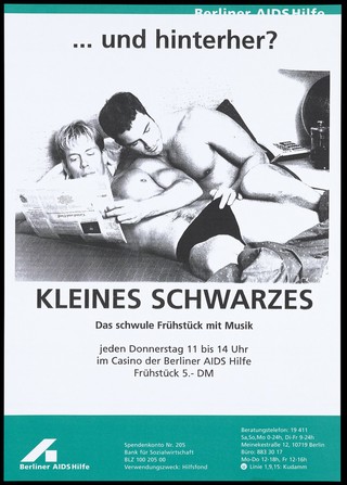 Two gay men in bed, one of them disturbing the other who is reading a newspaper by trying to peep into his underpants; advertising Thursday gay breakfasts at the Berliner AIDS-Hilfe e.V. Colour lithograph, ca. 1996.