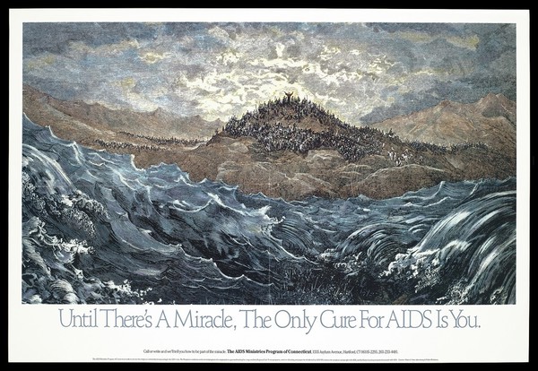 A miracle in which people clamour around a central figure on top of a hill surrounded by crashing waves representing an advertisement for The AIDS Ministries Program of Connecticut. Colour lithograph by Mintz & Hoke Advertising and Public Relations.