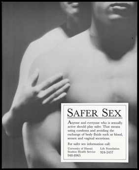 Two naked bodies, one behind the other representing an advertisement for safer sex by the Life Foundation. Lithograph.