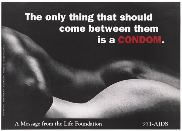 The naked bodies of a white woman and a black man representing an advertisement for safe sex by the Life Foundation. Colour lithograph by Robert Joyce and Neal Izumi.
