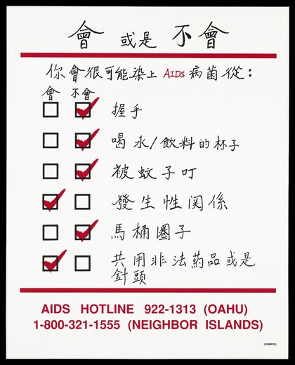 A tick list of ways you can and can't get the AIDS virus from handshakes to sharing drug needles with details of the AIDS Hotline number in Oahu in Chinese. Colour lithograph.