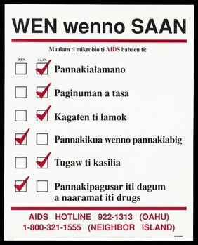 A tick list of ways you can and can't get the AIDS virus from handshakes to sharing drug needles with details of the AIDS Hotline number in Oahu in Ilocano. Colour lithograph.