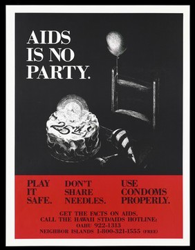 An iced cake bearing the number '25th' is lit with a candle with a party hat and a balloon tied to a chair with the words 'AIDS is no party'; a warning to practice safe sex and use condoms with information on the AIDS Hotline in Hawaii. Colour lithograph.