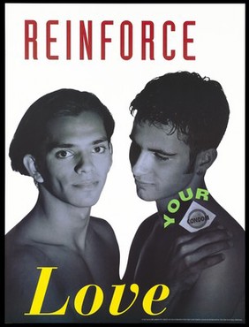 Two gay men, one holds up a condom to his shoulder representing an advertisement for safe sex by the San Francisco AIDS Foundation. Lithograph by Blake Sorrell Design and Curium Design, 1991.