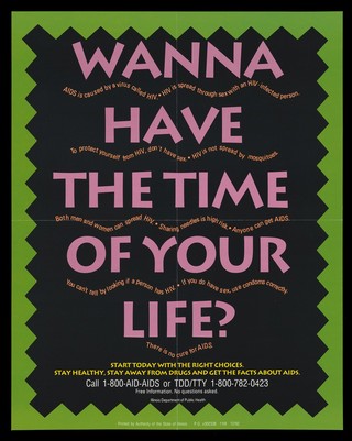Information on how to protect yourself against the HIV virus and AIDS in wavy writing with an information line; advertisement by the Illinois Department of Public Health. Colour lithograph, 1992.