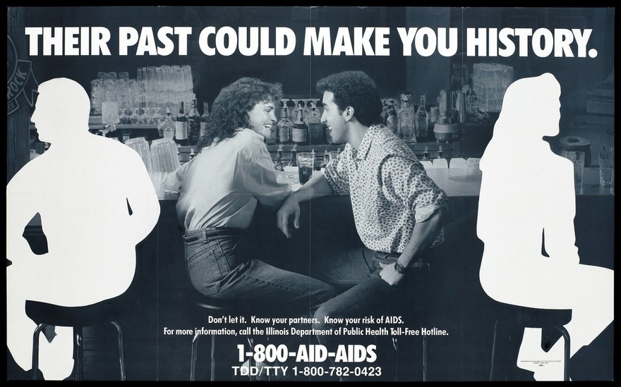 A man and a woman sitting laughing at a bar on stools with two further figures either side of them in silhouette; advertisement about the risk of AIDS by the Illinois Department of Public Health. Lithograph, 1994.