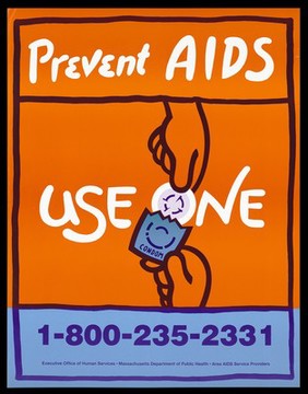 A pair of hands pulling out a condom from a packet with the 'o' of condom incorporated in the word 'use one'; safer sex advertisement by the Massachusetts Department of Pubilc Health. Colour lithograph.