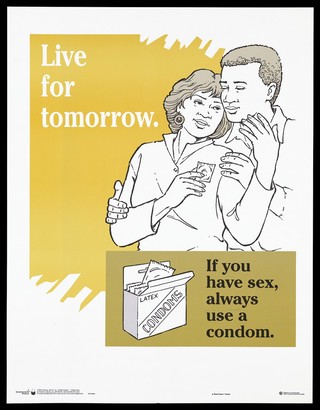 A woman holds a condom as a man holds her with a packet of latex condoms and a warning to always use one to prevent the spread of AIDS; part of the Think Twice advertisement poster campaign by Channing L. Bete Co. Colour lithograph, 1993.