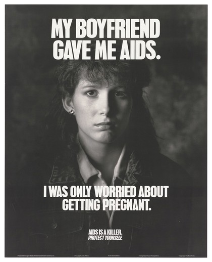 A woman whose boyfriend gave her AIDS appears out of the dark with a warning to protect against AIDS. Lithograph by Gary Nolton.