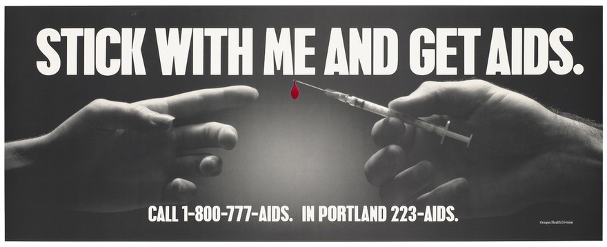 A hand reaches out to another offering a syringe with a droplet of red liquid suggesting blood representing a warning about the dangers of sharing needles and AIDS by the Oregon Health Division with an AIDS helpline. Colour lithograph.