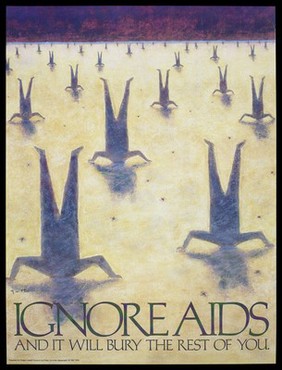 An endless succession of people with their heads in the sand with a warning about the dangers of ignoring AIDS; advertisement prepared by Pihas, Schmidt and Westerdahl for Oregon Health Division. Colour lithograph,1987.