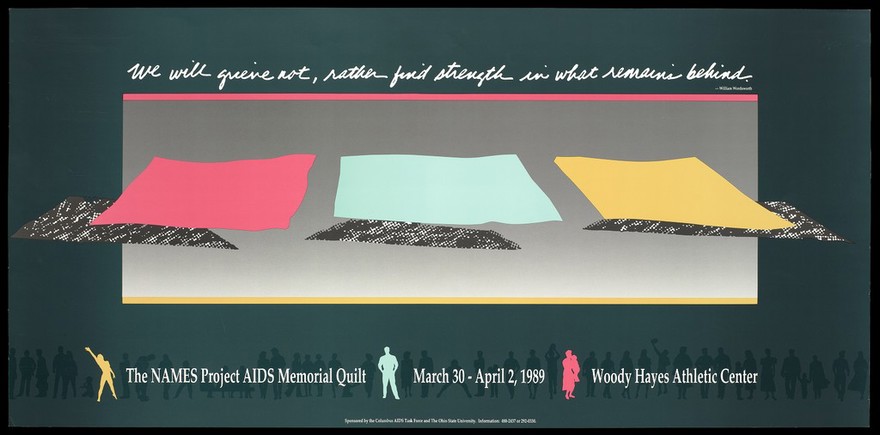 Three squares of red, green and yellow representing panels from the NAMES Project AIDS Memorial Quilt with figures in silhouette; advertising an exhibition of sections of the quilt. Colour lithograph, 1989.