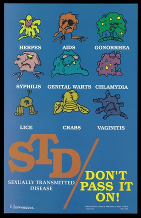 Personifications of sexually transmitted diseases with a warning 'Don't pass it on'; advertisement by Health Edco. Colour lithograph by V. Herschberger.