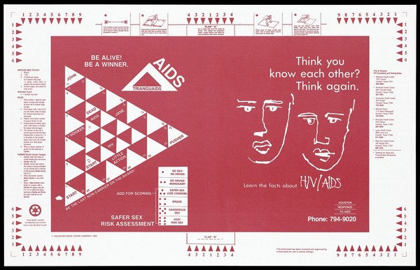 A book cover designed as a board game about safer sex risks. Colour lithograph by the Walraven Book Cover Company, 1992.
