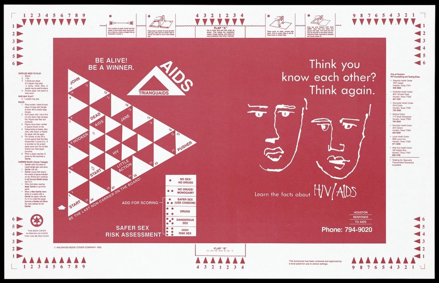 A book cover designed as a board game about safer sex risks. Colour lithograph by the Walraven Book Cover Company, 1992.