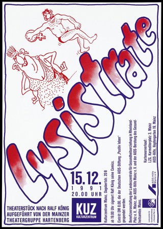 Lysistrata: two characters (Lysistrata and a man) advertising a performance of an adaptation by Ralf König of the theme of Aristophanes' play. Colour lithograph, 1991.