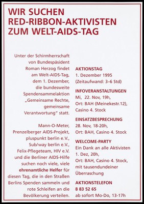 Red Ribbon volunteers on World AIDS Day in Berlin: appeal for help. Colour lithograph, 1995.
