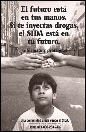 A boy looks up at two hands exchanging a packet of drugs representing a warning about the dangers of injecting drugs and contracting AIDS issued in Spanish by the New York State Health Department. Colour lithograph.