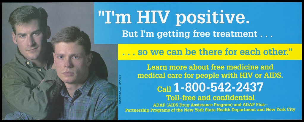 An HIV positive man with his partner representing an advertisement for free medicine and medical care for people with HIV or AIDS as part of the AIDS Drug Assistance Program by the New York State Health Department and New York City. Colour lithograph.