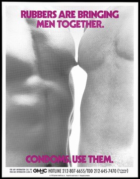 The nipples of two men touch representing an advertisement for condoms and safer sex by the Gay Men's Health Crisis. Colour lithograph by Joseph Leonte, III and Naakkve, 1992.