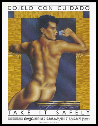 The back view of a man holding a condom; advertising safe sex. Colour lithograph by Michael Sabanosh for the Gay Men's Health Crisis, 1989.