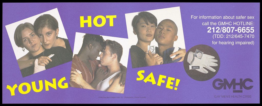 A lesbian couple, a gay couple and a heterosexual couple all holding condoms and lubricant and gloves representing an advertisement for safe sex by the Gay Men's Health Crisis. Colour lithograph by Charlie Pizzarello, 1993.