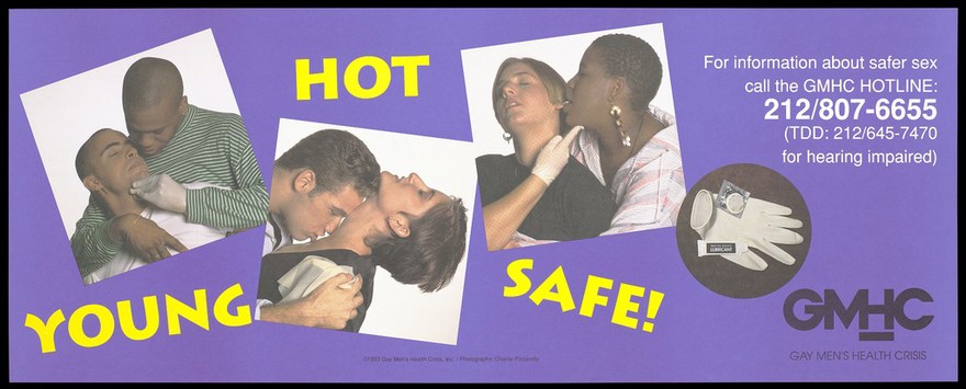 A gay couple, a heterosexual couple and a lesbian couple with a latex glove, condom and lubricant representing an advertisement for safe sex by the Gay Men's Health Crisis. Colour lithograph by Charlie Pizzarello, 1993.