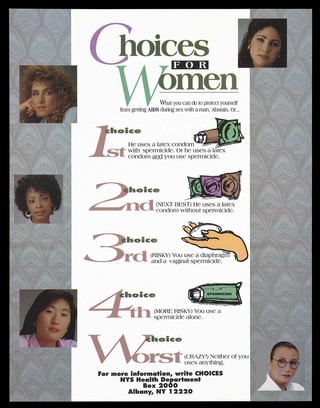 Five women with a list of five increasingly risky choices for women to protect against AIDS by the New York State Health Department. Colour lithograph.