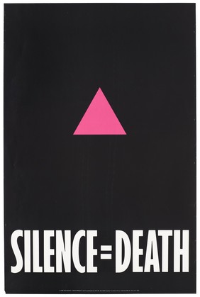 A pink triangle against a black backdrop with the words 'Silence=Death' representing an advertisement for the Silence=Death Project used by permission by ACT-UP, The AIDS Coalition To Unleash Power. Colour lithograph, 1987.