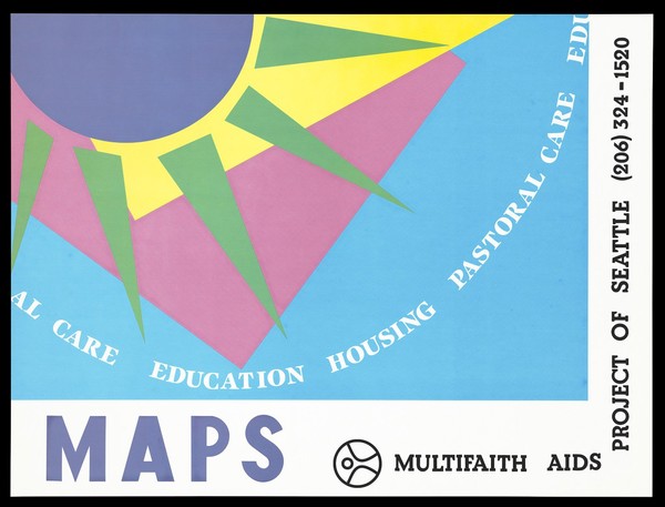 A blue sun with green rays against a block of yellow, pink and blue representing an advertisement for MAPS, a Multifaith AIDS Project of Seattle. Colour lithograph.