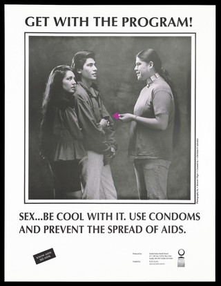 A Native American man offering a pink condom to a couple with a message to use condoms to avoid the spread of AIDS; advertisement by the Seattle Indian Health Board. Lithograph by Stewart Tilger and Christine P. Salvador.