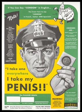 An officer with a cap holding up a condom with numerous messages about condoms and how to use them; advertisement by the Seattle-King County Department of Public Health. Colour lithograph by Art Chantry.