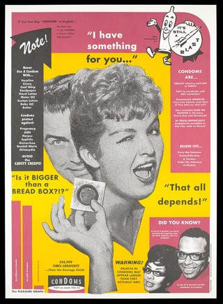 A woman winks as she holds up a condom with the face of a man behind with numerous messages about condoms and how to use them; advertisement by the Seattle-King County Department of Public Health. Colour lithograph by Art Chantry.